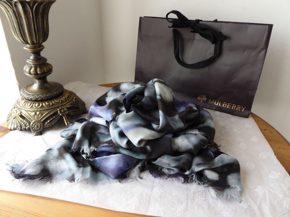 Mulberry Blurry Bloom Square Printed Scarf Wrap in Denim Blue Modal Silk Mix - SOLD