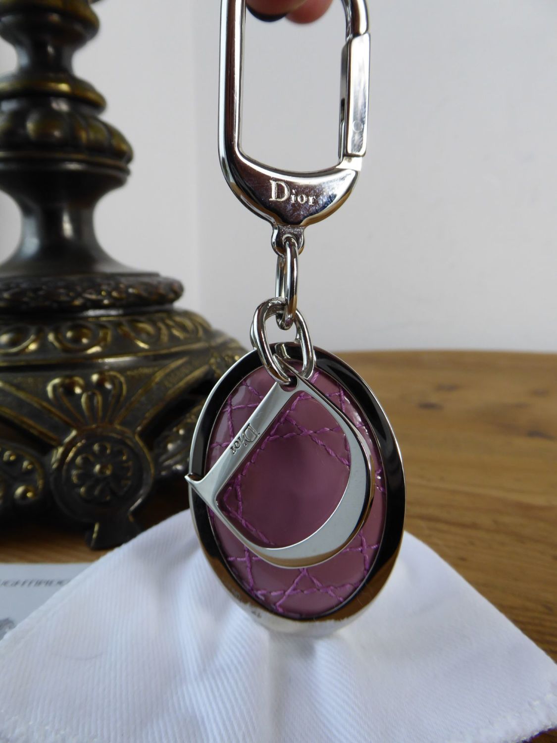 Dior Oval Key Chain Bag Charm in Rose Pink Patent Cannage with Silver