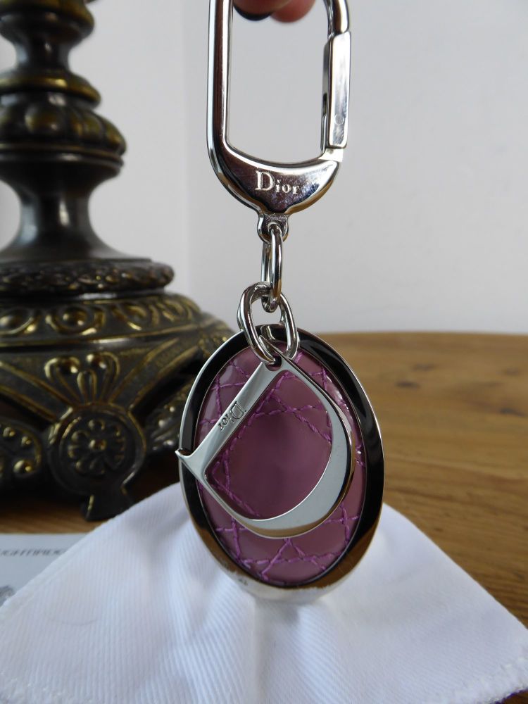 Dior Oval Key Chain Bag Charm in Rose Pink Patent Cannage with Silver Hardw