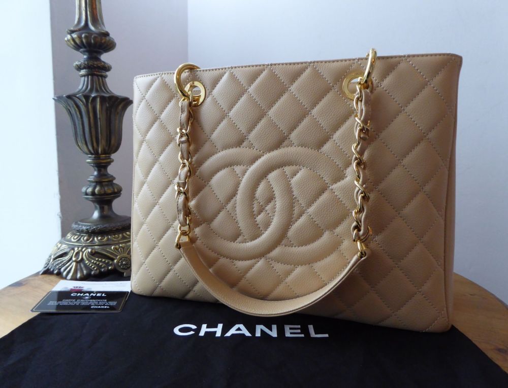 Chanel Grand Shopping Tote GST in Beige Caviar with Shiny Silver Hardware