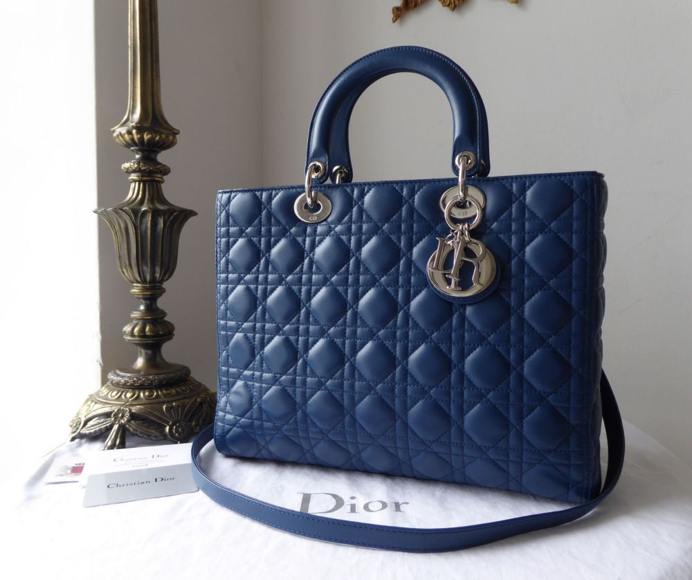 Dior Large Lady Dior in Bleu De Minuit Lambskin with Shiny Silver ...
