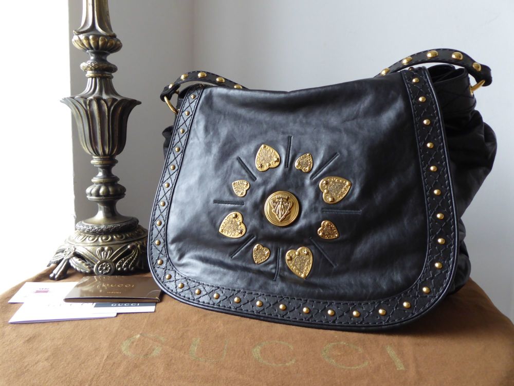 Gucci XL Irina Shoulder Hobo Flap Bag in Black Distressed Calfskin