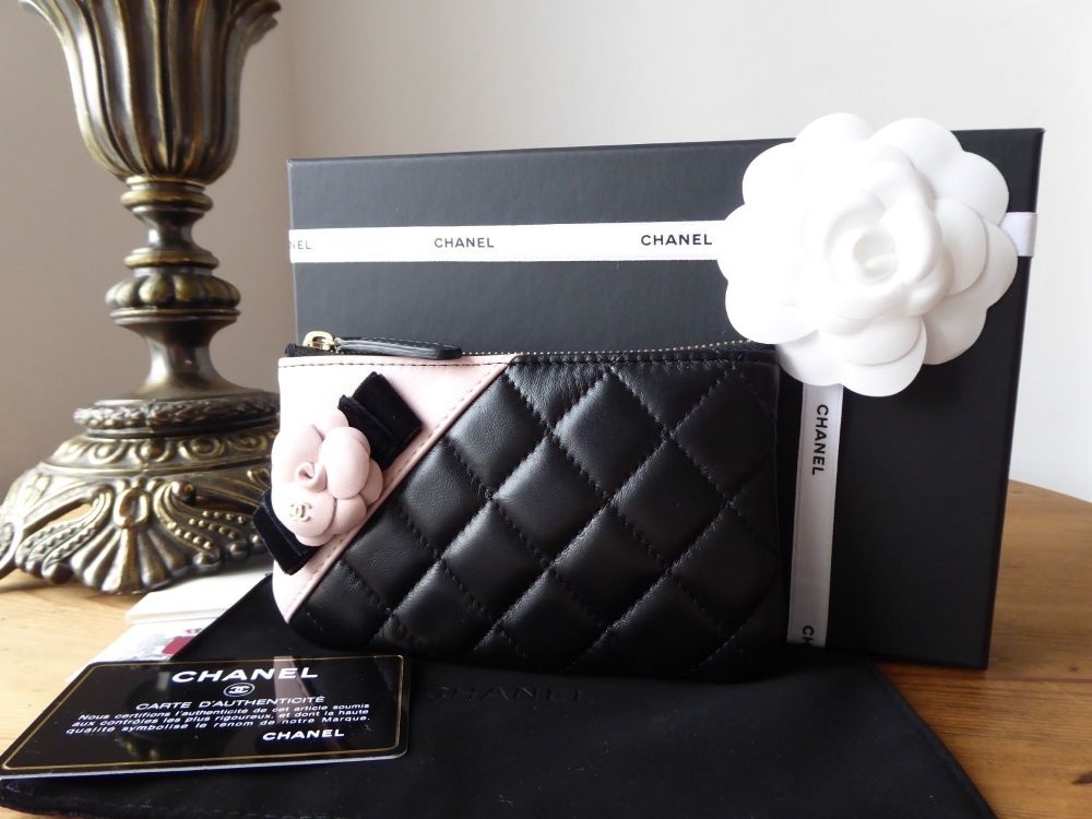 Chanel Small O Case Zip Pouch in Black Lambskin with Baby Pink Camellia  Flower - SOLD