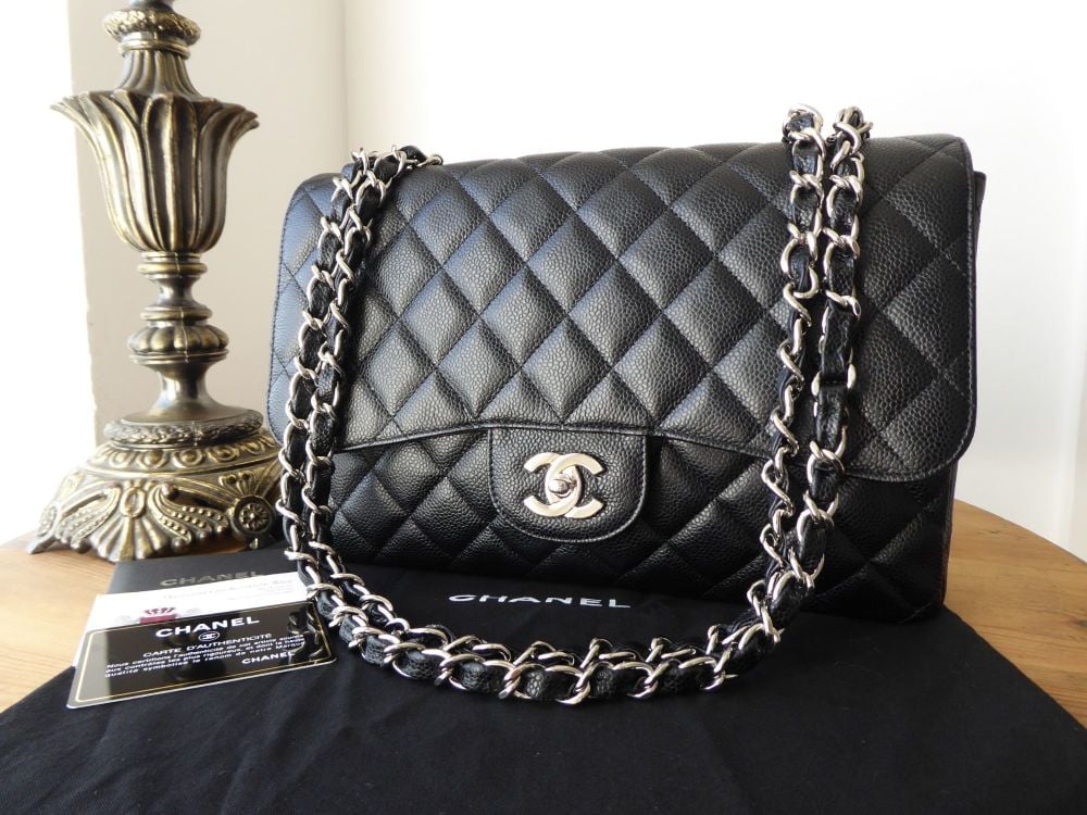 Authentic Chanel Jumbo Double Flap Bag Black Caviar Silver Hardware