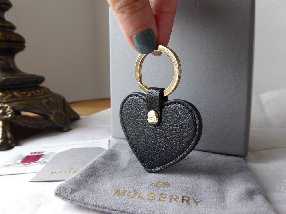 Mulberry Heart Keyring in Black Glossy Goat & Gold - New