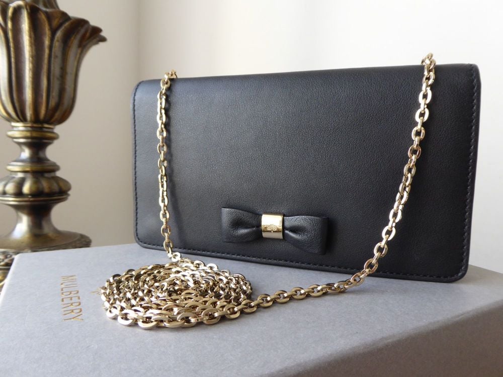 Mulberry Bow Shoulder Clutch Wallet on Chain in Black Silky Classic Calf - SOLD