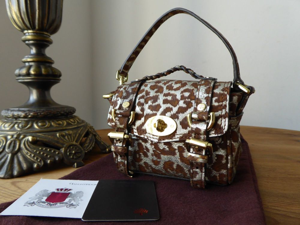 Mulberry Shrunken Alexa Micro Bag Oversized Charm Key Pouch in Oak Reverse Printed Metallic Leopard - SOLD