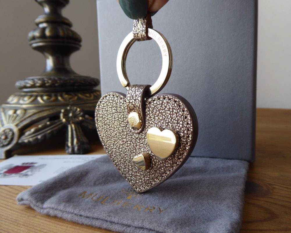 Mulberry Heart Studded Keyring in Metallic Mushroom Goat Leather with Gold 