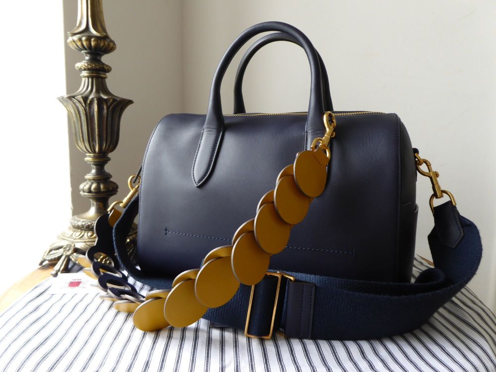 Anya Hindmarch Vere Barrel Bag in Marine Blue Mini Grain Calfskin with Canary Yellow Link Strap - SOLD