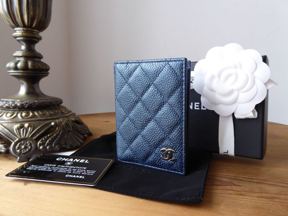 Chanel Folded Card Holder in Iridescent Blue Caviar with Pale Gold Hardware