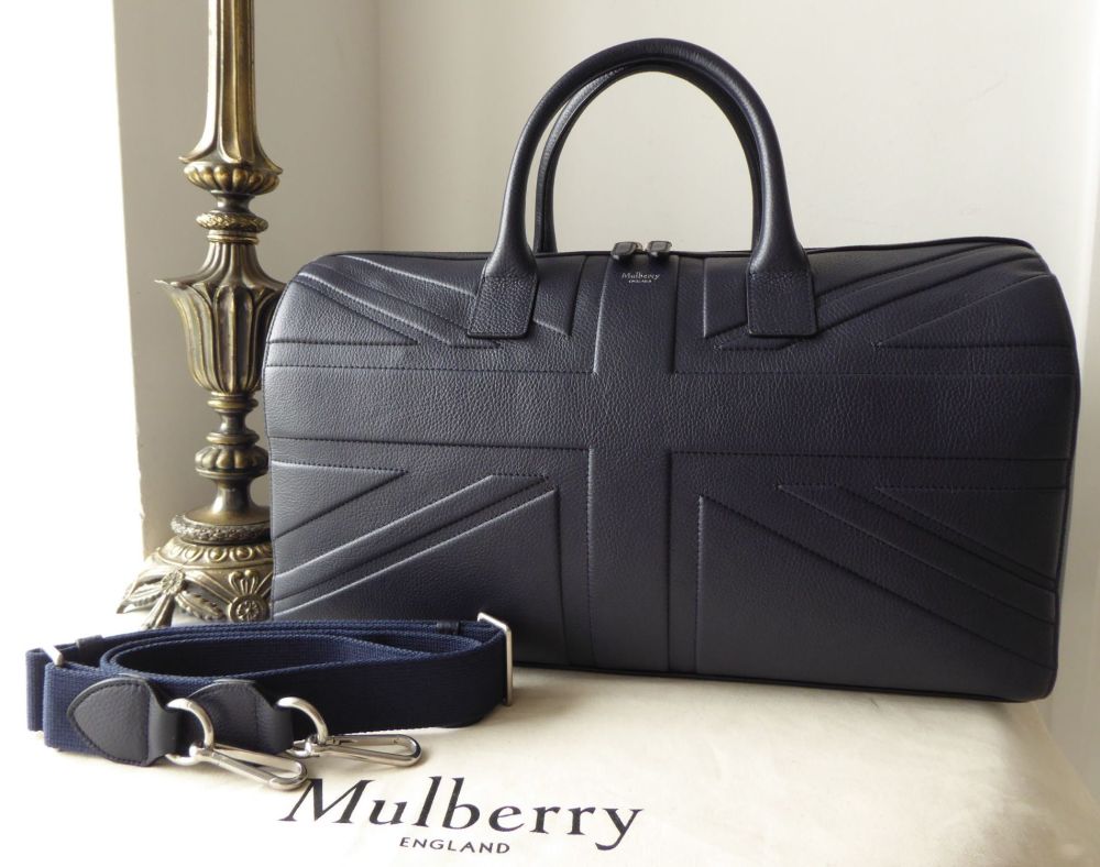 Mulberry Union Jack Flag Embossed Reston Holdall Duffle in Midnight Blue Small Classic Grain - SOLD