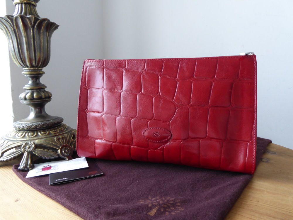 Mulberry Zipped Wash Bag / Toiletry / Cosmetic Case in Red Congo Leather 