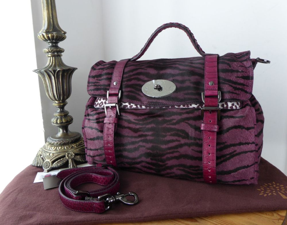 Mulberry Oversized Alexa Satchel in English Plum Bengal Tiger Mixed Haircalf - SOLD