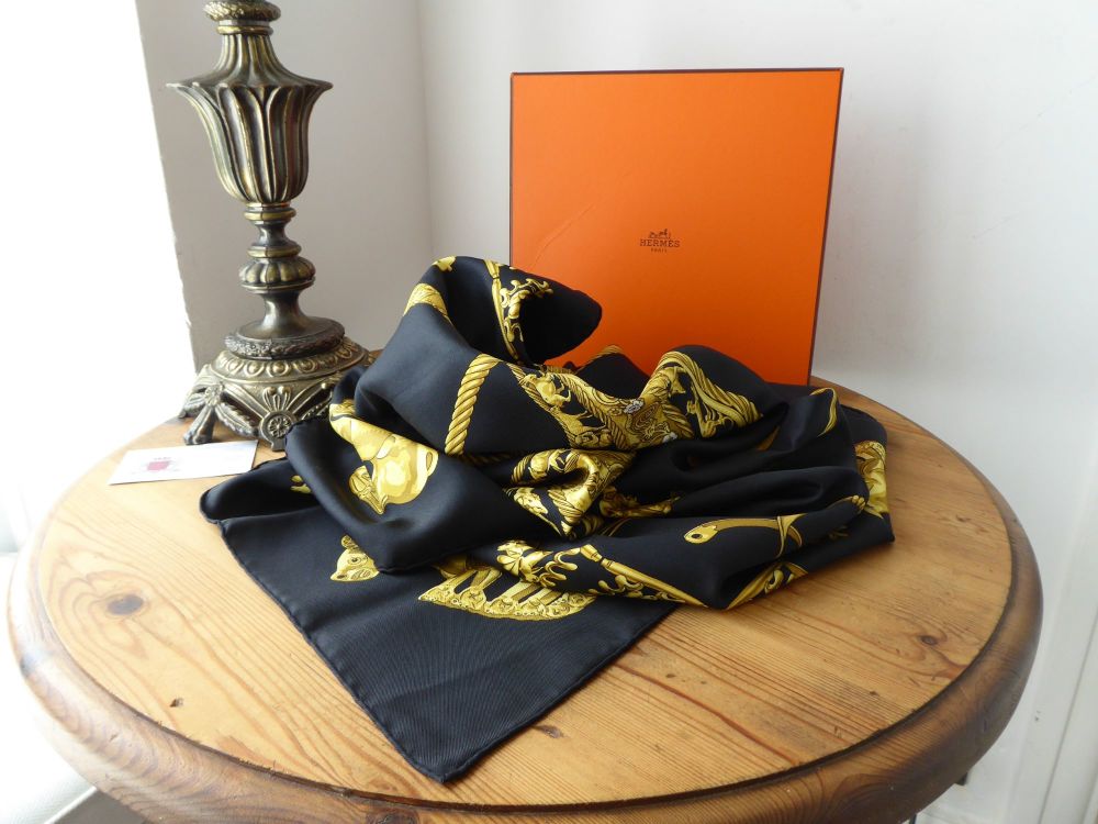Hermès Silk Scarf Carre 90cm 'Les Cavaliers D'Or' in Black Gold & Royal Blu
