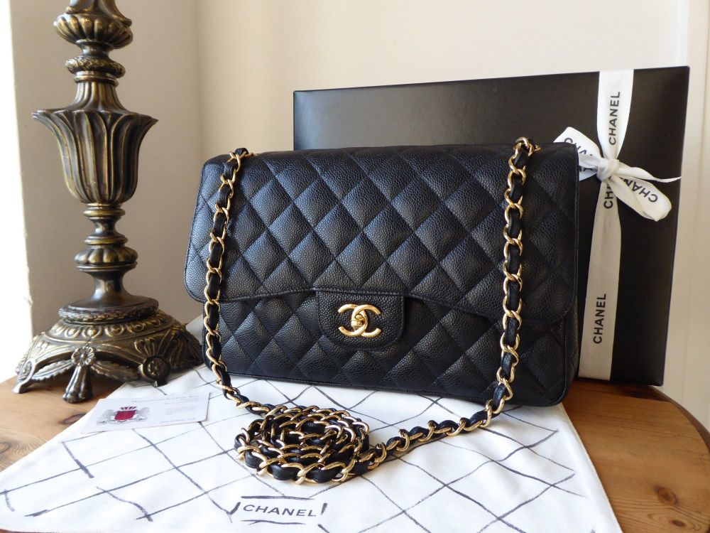 Chanel Jumbo Classic Flap Caviar Black Gold Hardware - Luxury Shopping