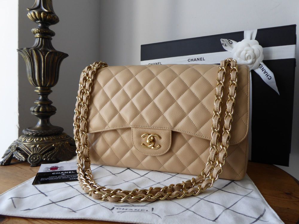 Chanel Timeless Classic 2.55 Double Jumbo Flap in Beige Clair Caviar with G