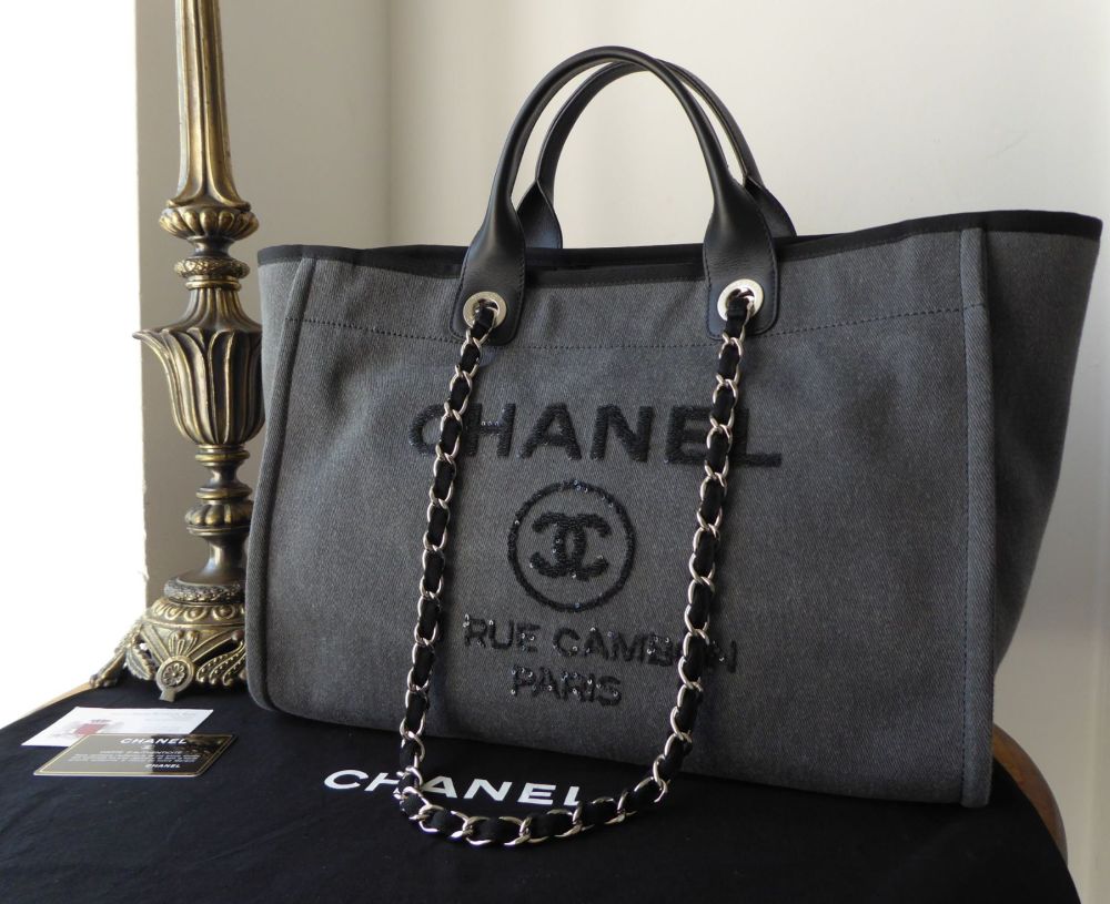 Chanel Deauville Large Tote in Charcoal Canvas with Gunmetal Sequins