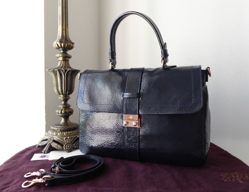 Mulberry Harriet Satchel in Nightshade Blue Spongy Patent Leather with Rose
