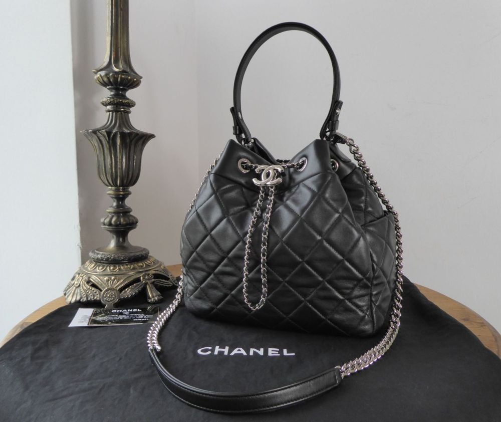 $3800 wire. Preloved Excellent Condition Chanel Chevron Drawstring Chain Large  Bucket Bag Black Deerskin Silver Hardware Serial …