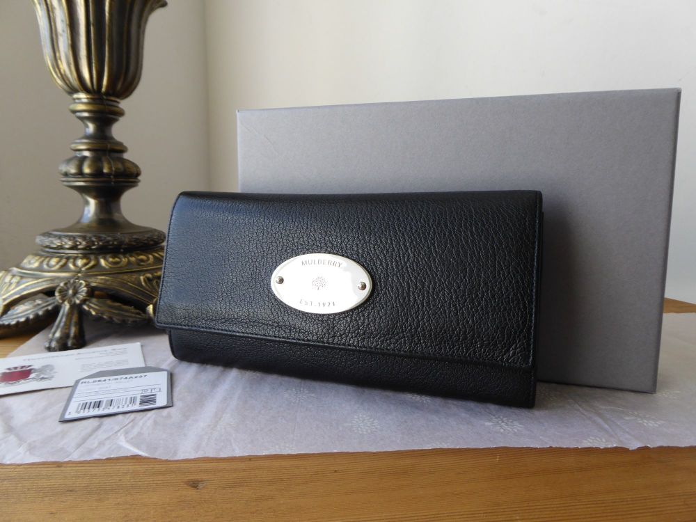 Mulberry Plaque Continental Long Flap Wallet Purse in Black Glossy Goat wit