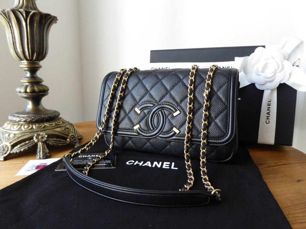 Chanel CC Filigree Small Flap Bag in Black Caviar with Brushed