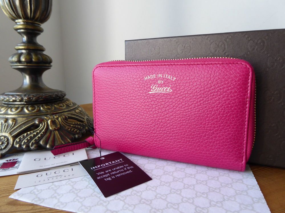 Gucci Swing Medium Zip Around Purse Wallet in Fuchsia Pink Calfskin - New