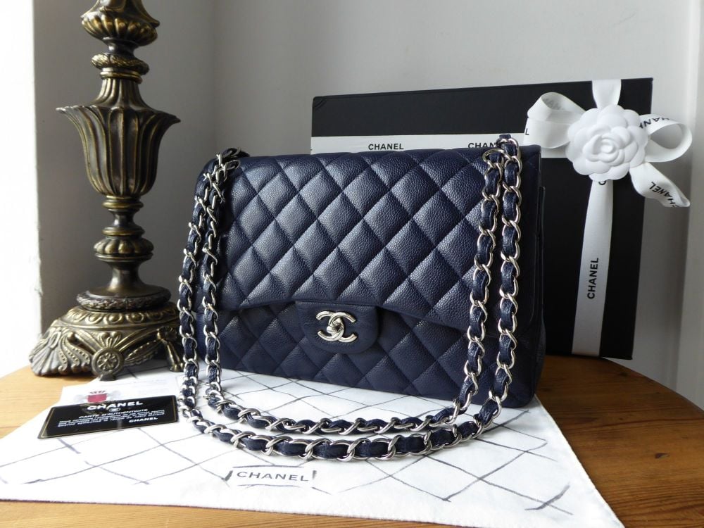 Chanel Classic 2.55 Jumbo Double Flap Bag in Dark Navy Caviar with Shiny Si