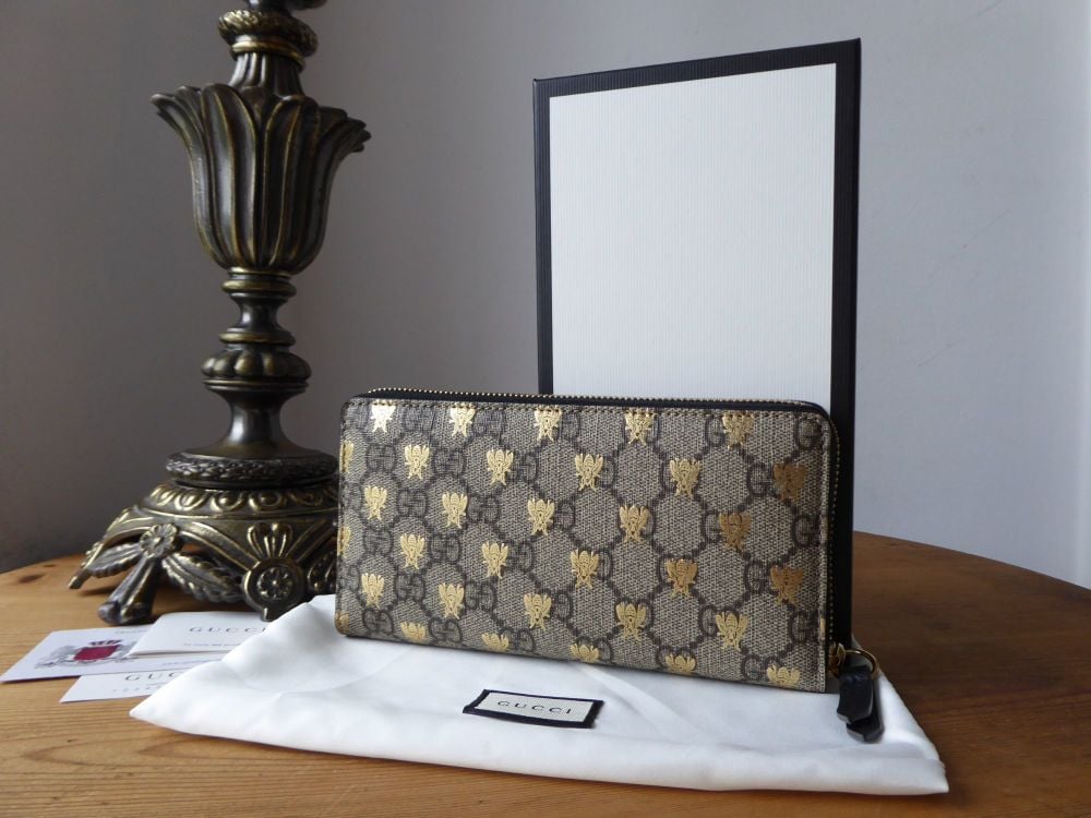 Gucci GG Supreme &#39;Bees&#39; Continental Zip Around Long Purse Wallet - SOLD