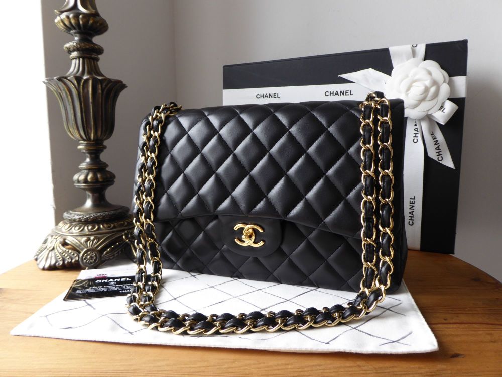 Chanel Timeless Classic Jumbo Double Flap Bag In Black Lambskin With Silver  Hardware SOLD