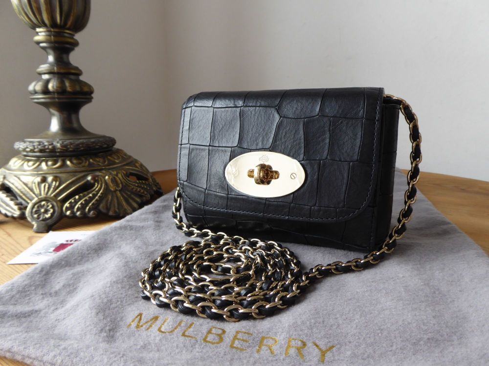 Mulberry Mini Lily in Black Croc Embossed Leather with Shiny Gold Hardware 