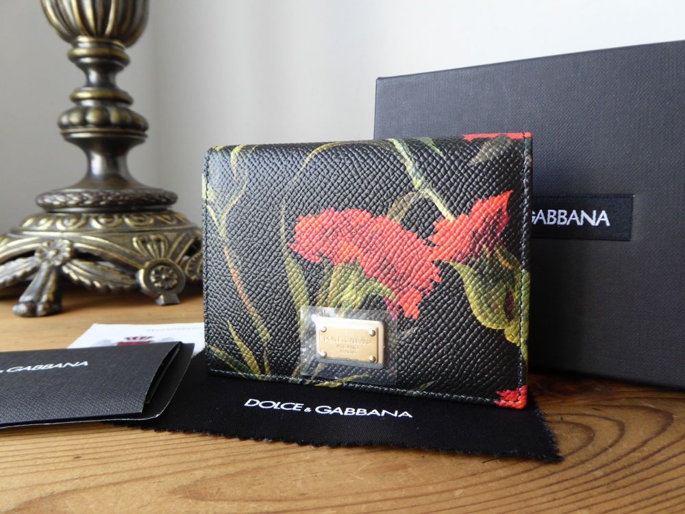 Dolce & Gabanna 'Dark Florals' Carnation Print Card Case in Nero Rosa Dauphine Stampa Calf Leather - SOLD