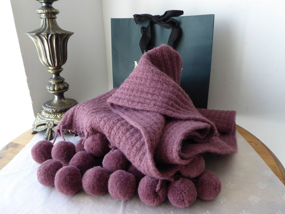 Mulberry Pompom Winter Knitted Scarf in Heather Alpaca Wool Mix  - SOLD