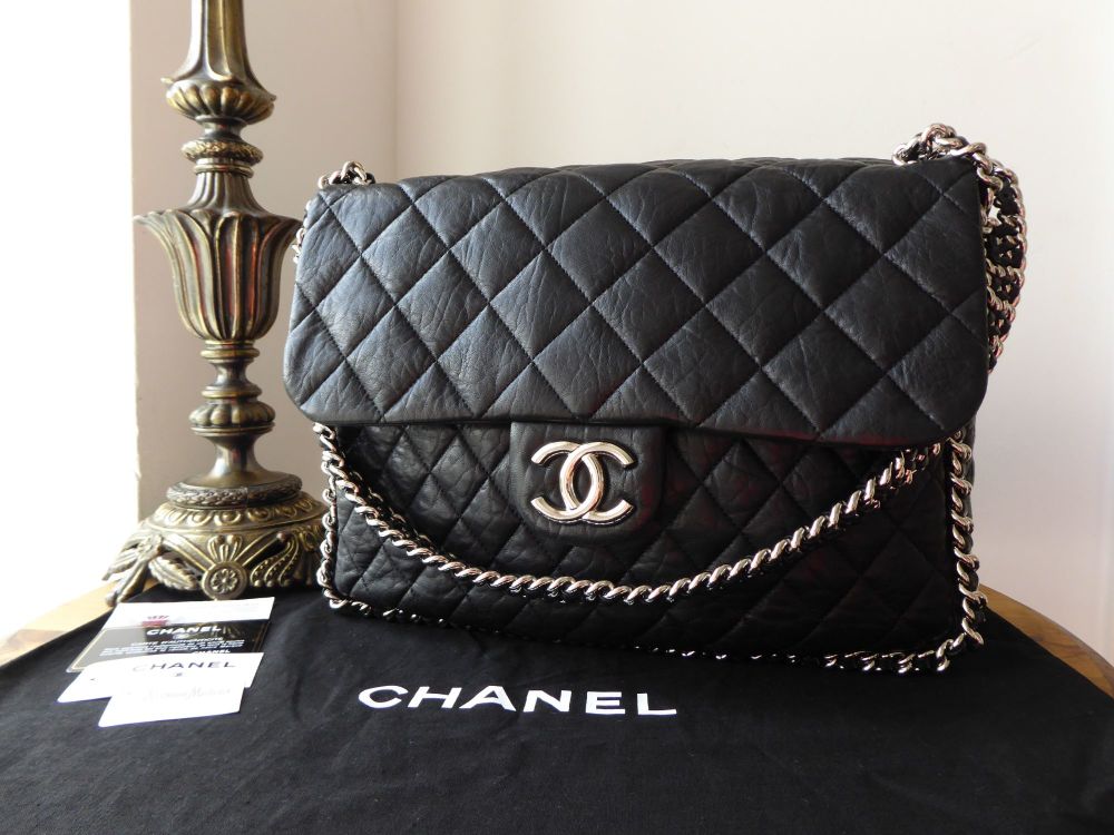 Chanel Maxi Flap Multi Chain Around in Black Soft Aged Calfskin with Silver