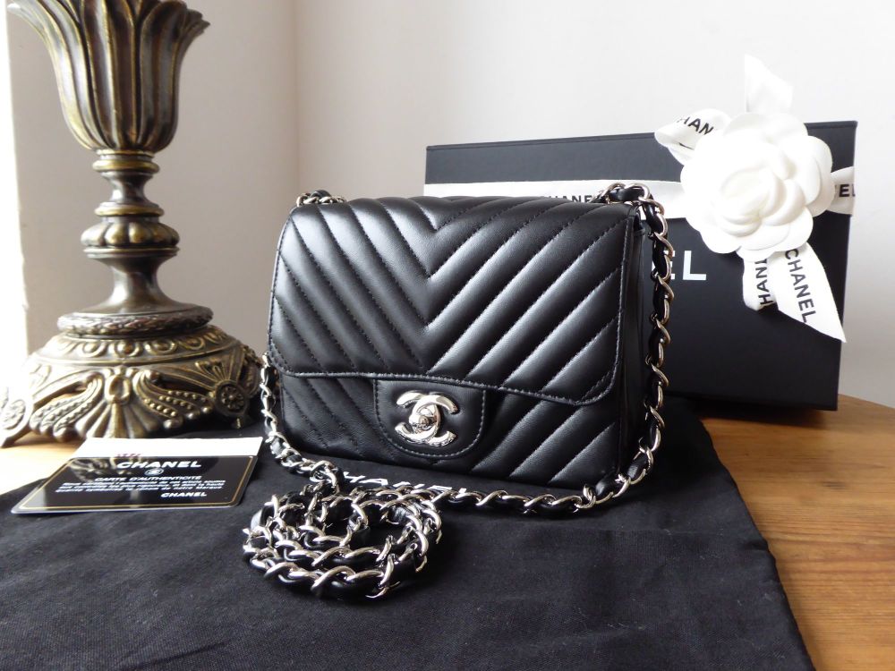 Chanel Classic Square Mini Flap in Chevron Quilted Black Lambskin with  Silver Hardware - New - SOLD