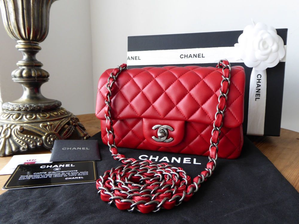 Chanel Mini Rectangular Classic Flap In Red Lambskin With Ruthenium  Hardware - Sold