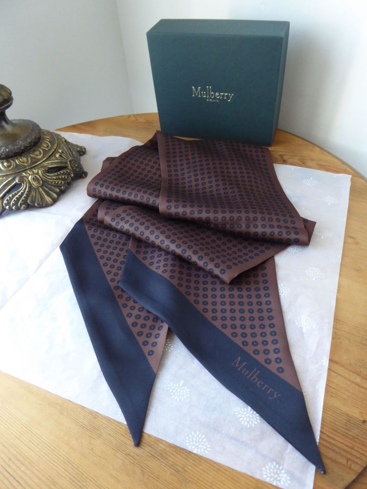Mulberry Polka Dots Large Twilly Bag Scarf in Chocolate and Navy