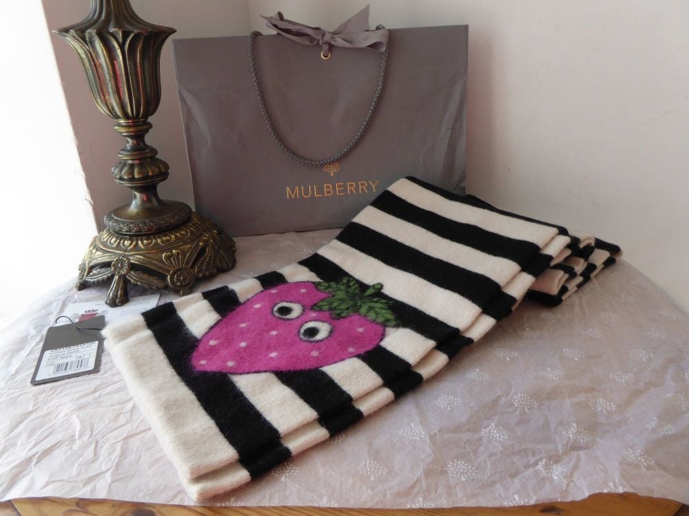 Mulberry Strawberry Face Long Stripey Knitted Winter Scarf in Wool Angora Mix  - SOLD