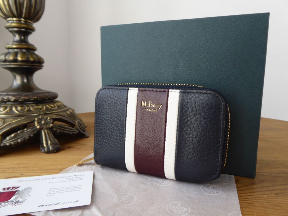 Mulberry College Stripe Zipped Multicard Purse in Navy and Oxblood - SOLD