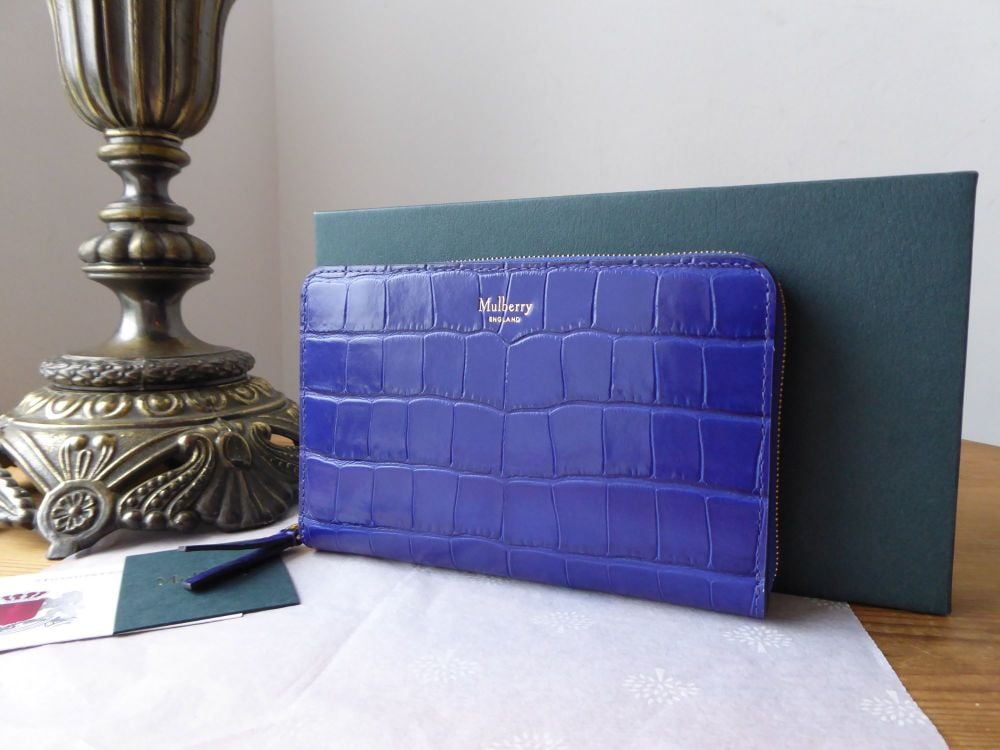 Mulberry Medium Zip Around Wallet Purse in Cobalt Blue Shiny Croc Printed Leather - SOLD