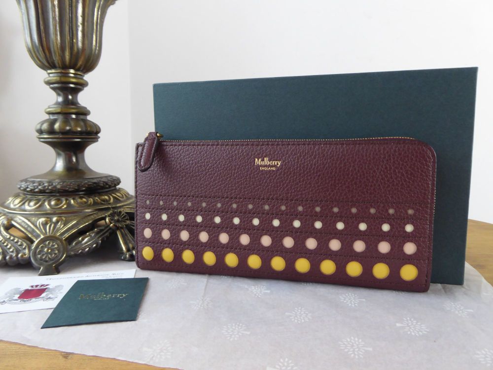 Mulberry Long Part Zip Continental Wallet & Coin Purse in Burgundy with Multicoloured Perforated Dots - SOLD