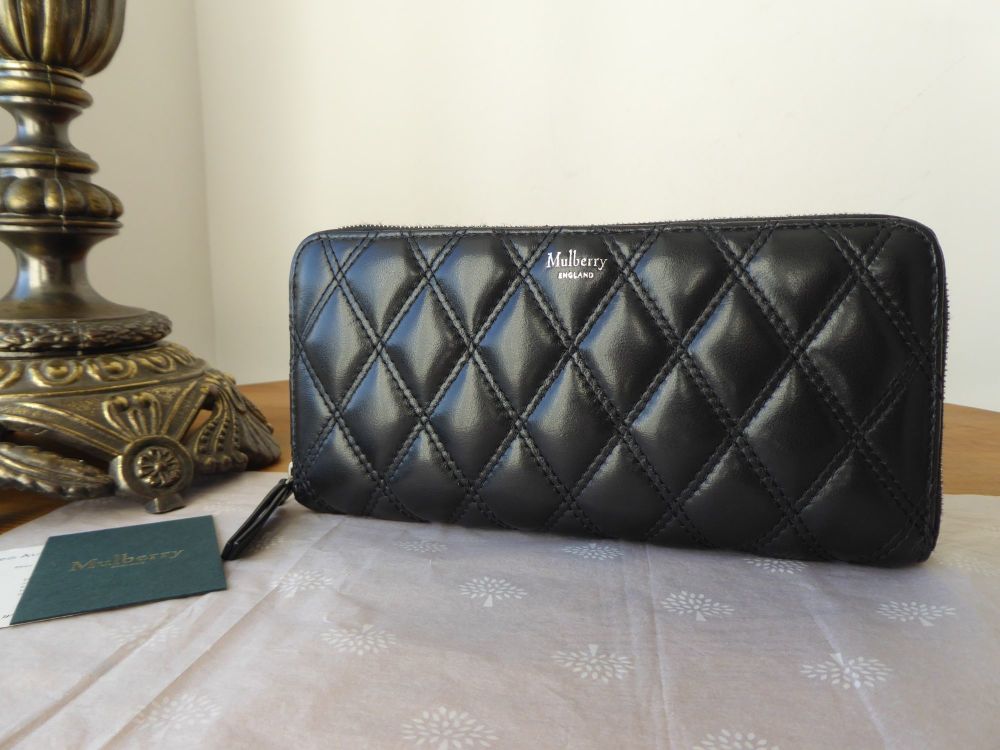 Mulberry 8 Card Zip Around Wallet Continental Purse in Black Quilted Smooth
