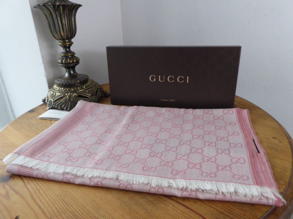 Gucci GG Monogram Jacquard Large Rectangular Scarf Wrap in Pink Wool Cotton