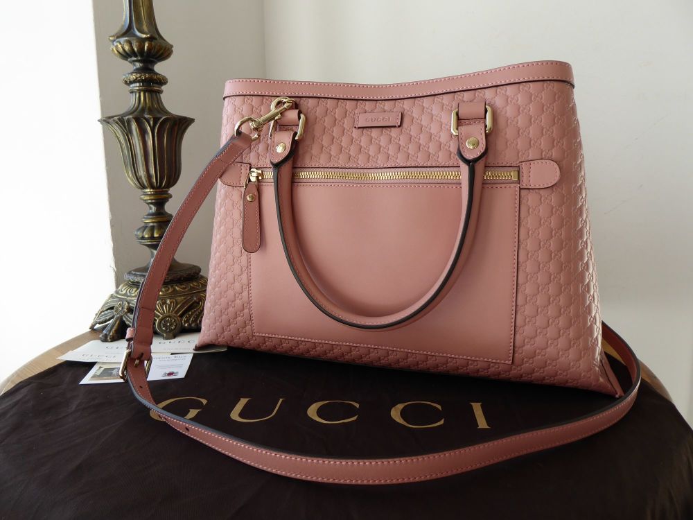 Gucci Medium Shoulder Tote in Pink Micro GG Guccissima Embossed Calfskin - 