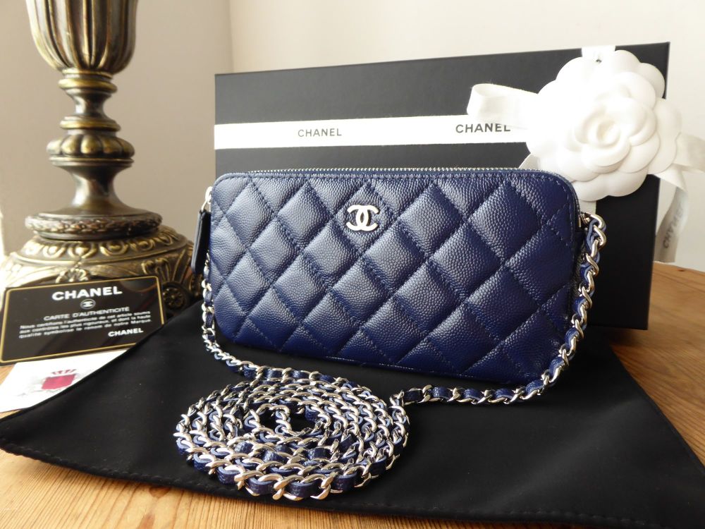 Chanel Twin Zipped Pochette in Glossy Navy Caviar Leather with Polished Sil