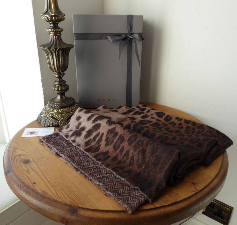 Mulberry Leopard & Herringbone Reversible Winter Wrap in Cashmere Wool Blend - New* - SOLD