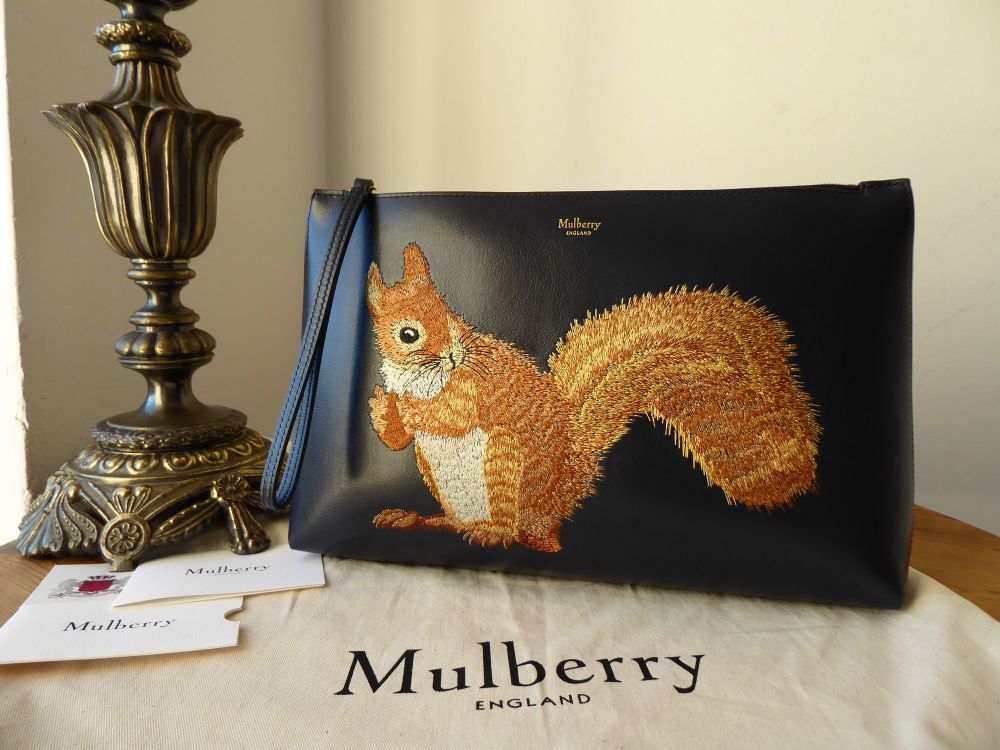 Mulberry Squirrel Embroidered Large Wristlet Clutch / Zip Pouch in Midnight Blue Smooth Calf Leather - SOLD