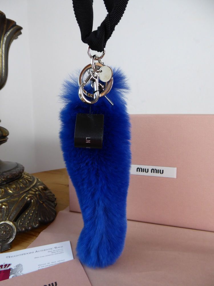 Miu Miu Keyholder Bag Charm Rex Fur Trick in Neon Blue  - New