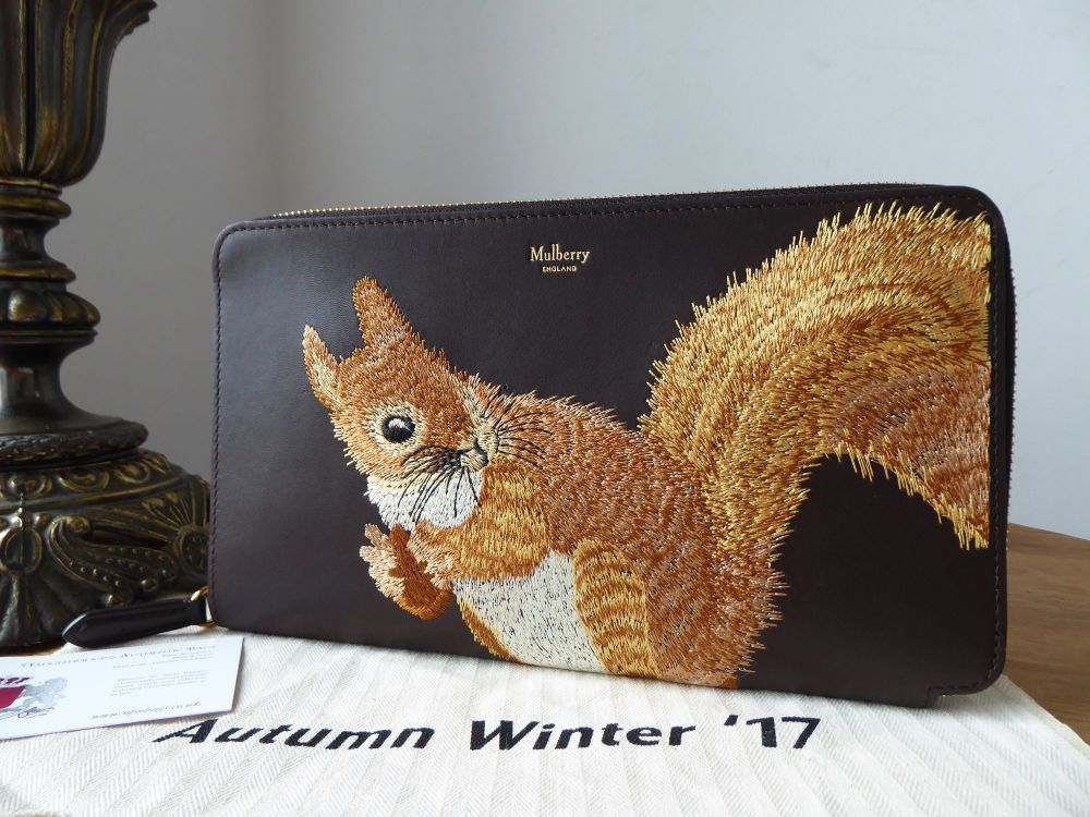 Mulberry Squirrel Embroidered Zip Around Clutch in Chocolate Smooth Calf Le