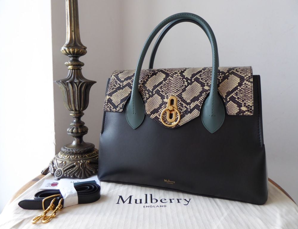 Mulberry Seaton in Black & Antique Blue Smooth Calf with Snakeskin - As New