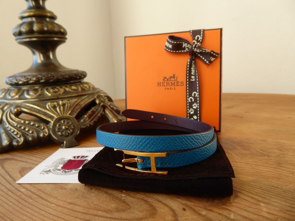 Hermès Behapi 2 Double Tour Wrap Bracelet in Bleu Izmir & Prune with Gold Hardware - SOLD